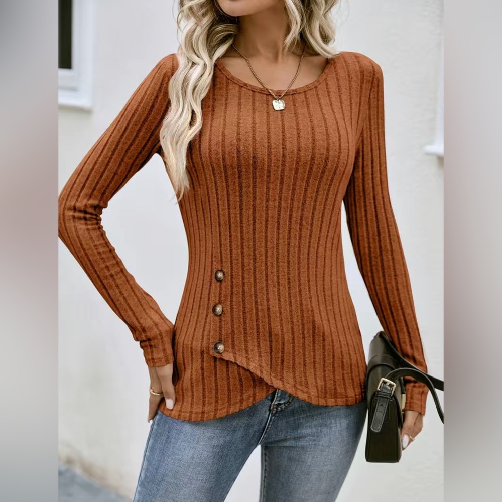 Ribbed Button Decor Crew Neck T-Shirt, Casual Long Sleeve Top For Spring